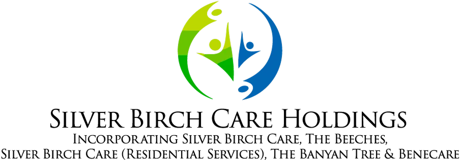 Logo with figures in green and blue, on a black background.